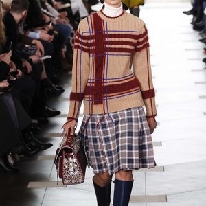 Pre-owned Tory Burch Eden Fuzzy Yarn-Trim Plaid Sweater Size Small